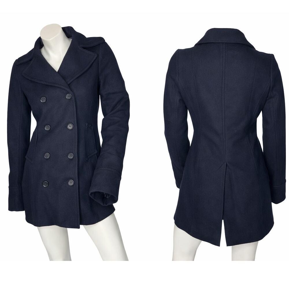 Stussy Girls Navy Blue Pea Coat Double Breasted Wool Blend Jacket Medium